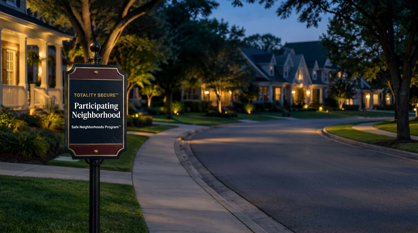 Small residential sign on a post at the edge of a neighborhood sidewalk at dusk reading Totality Secure Participating Neighborhood, Safe Neighborhoods Program, with lit homes behind it